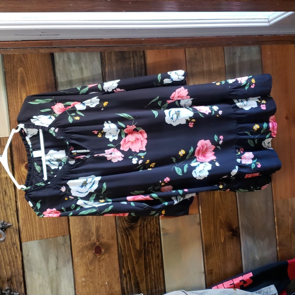 Old Navy sheer black floral ruffle tunic midi dress with attached slip